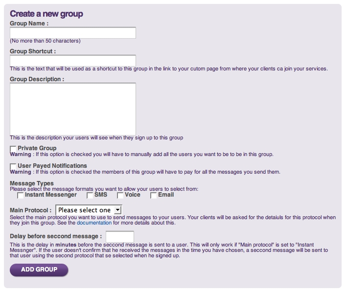 Add a message group to enable service messaging, web messaging, and to be able to contact all of your clients at once!